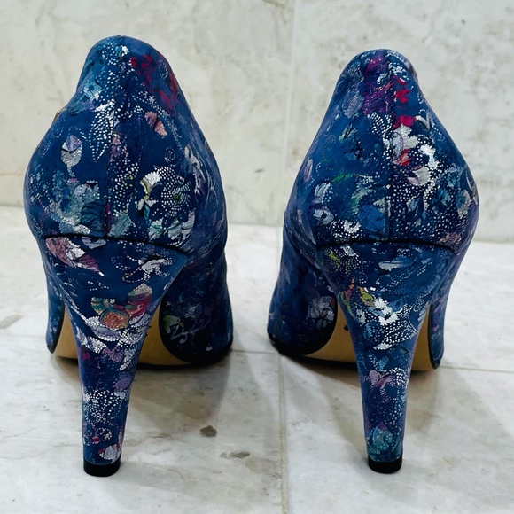 ZAPATO {38} Pumps Floral Fabric Blue Metallic Handmade - Picture 3 of 16